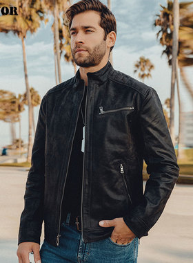 春秋新款真皮皮衣男短款立领机车真皮皮夹克美式休闲男士外套