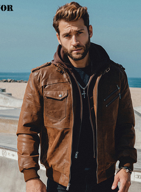 海宁真皮机车皮衣男短款连帽加棉休闲商务皮夹克外套男士真皮皮衣