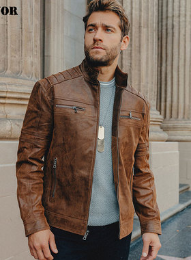 春秋新款真皮皮衣男机车夹克美式粗犷猎装多拉链立领男士外套