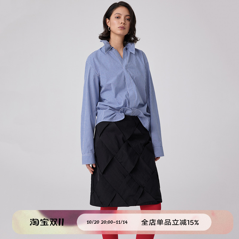 “伞蜥”格纹收腰长袖衬衫