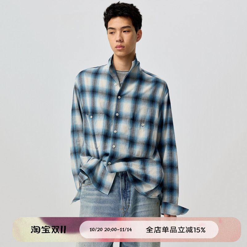 Ombré格纹长袖衬衫渐层
