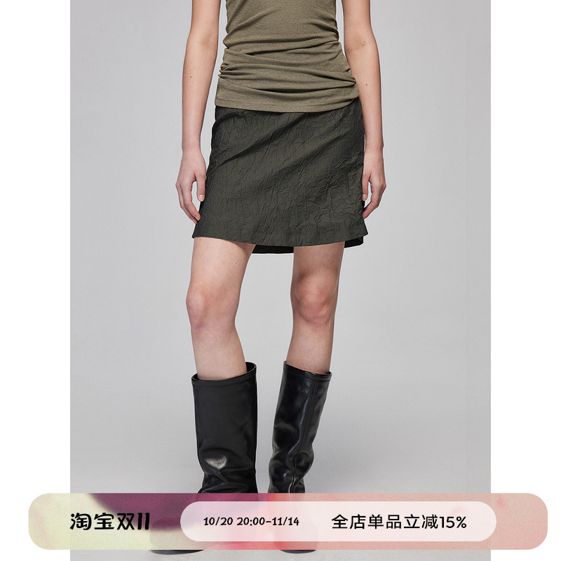压皱肌理感A型微喇连腰半裙短裙