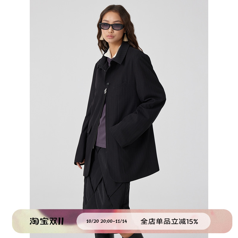 条纹半拉链微收腰西装外套