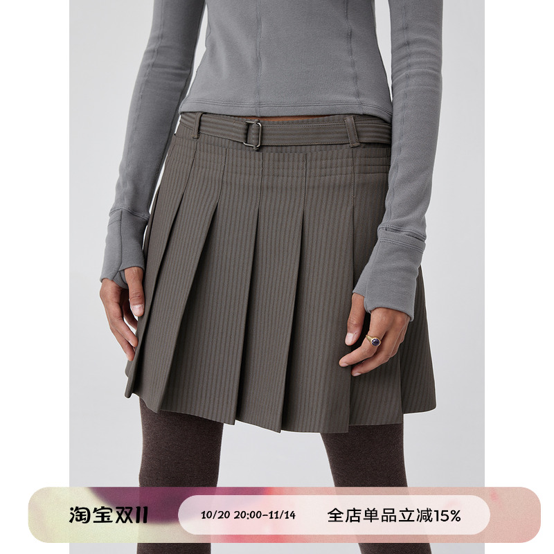 可调节撞色腰带百褶短裙