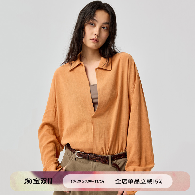 天丝苎麻V领打褶长袖衬衫