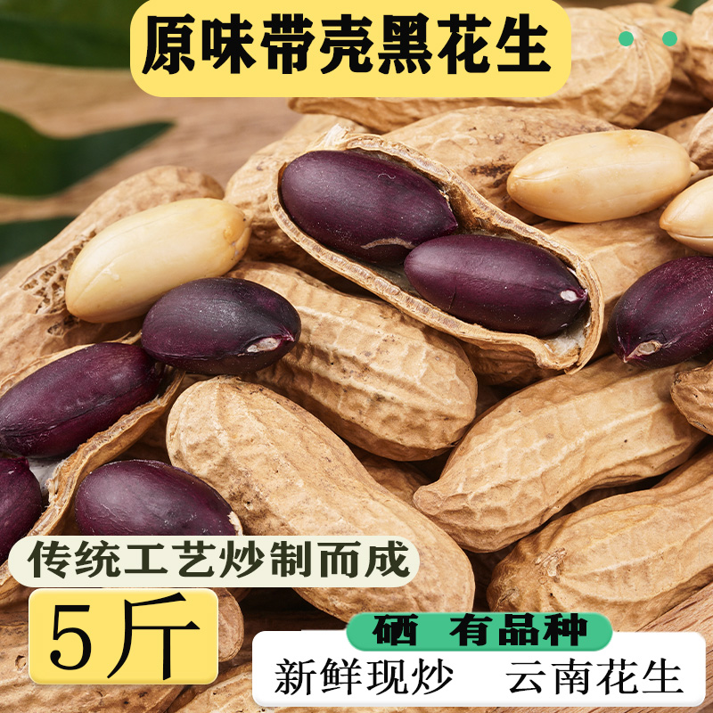 5斤 炒熟的黑花生带壳山东富硒花生云南黑花生坚果零食休闲小吃