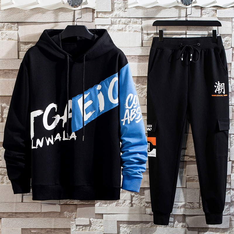 Spring Korean casual two piece hooded sports long sleeve sweater casual suit for men