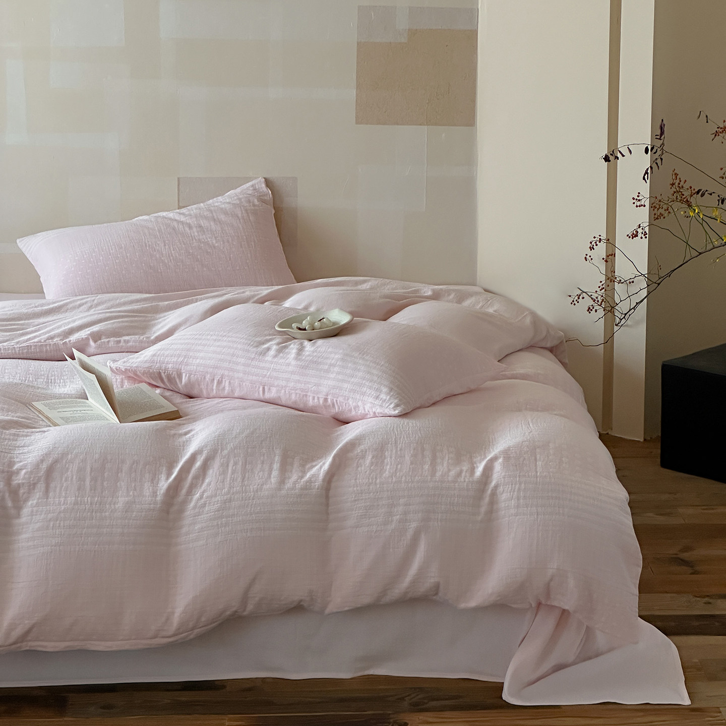 超柔亲肤色织双层纱全棉波点纹混搭四件套