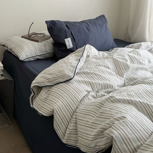 简约条纹太戳我~全棉水洗棉撞色三四件套纯棉亲肤透气四季款