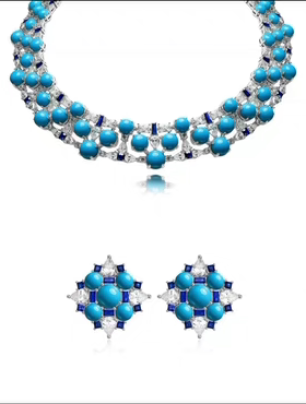 高珠精致晚宴蓝松项链耳钉银镀18k高级珠宝大气时尚时髦精