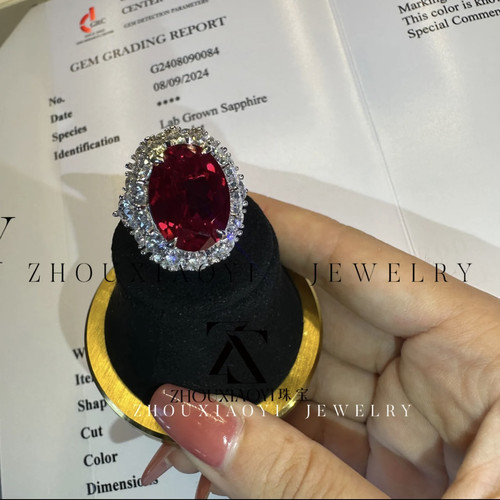13.8ct富婆培育鸽血红皇家蓝戒指通体925银重工豪镶超显白大气