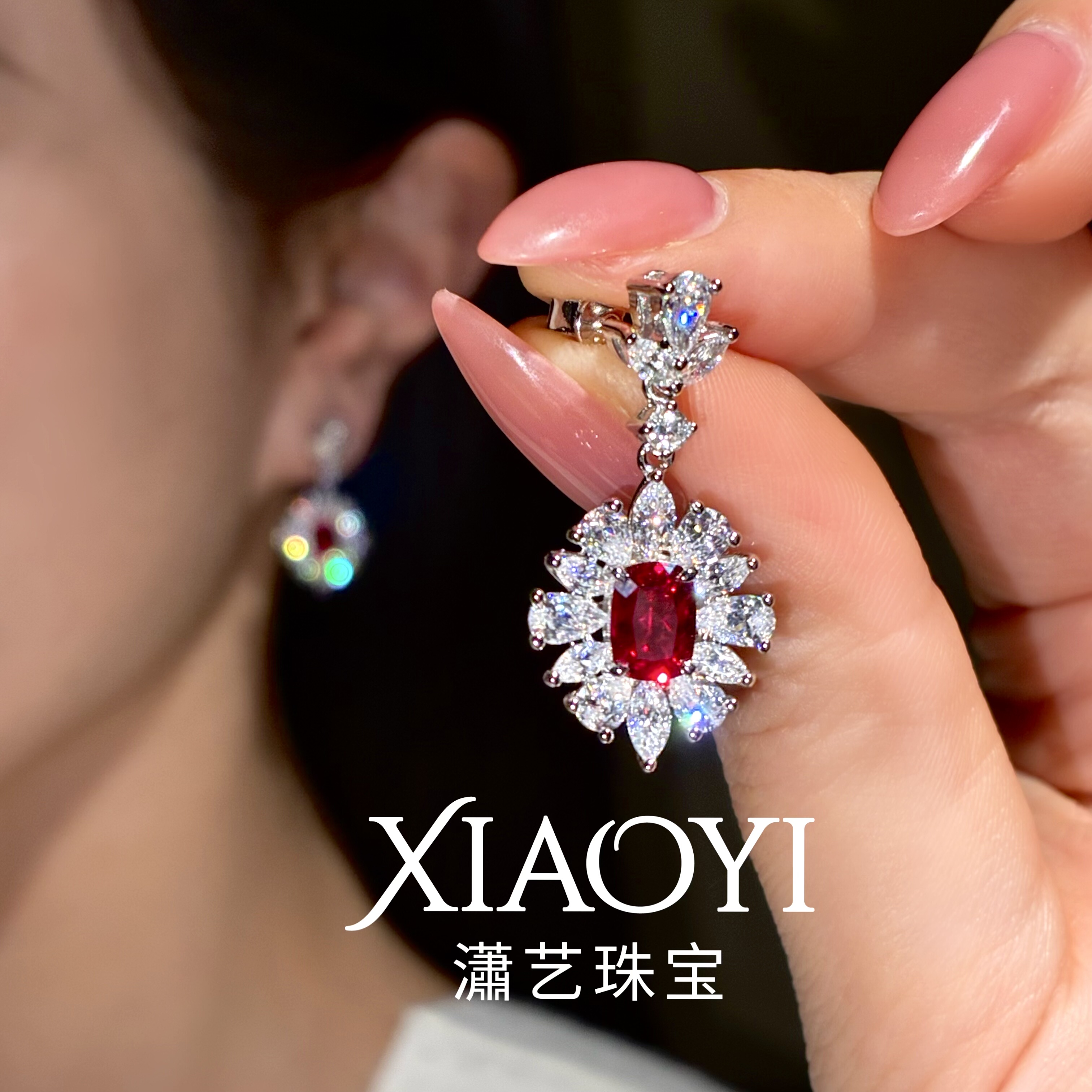 培育红宝石蓝小妖耳环单颗主石1ct精致气质耳环小众925银镀金