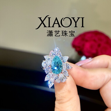 马尔代夫之神【实验室培育帕拉伊巴】水滴戒指白富美925银镀厚金