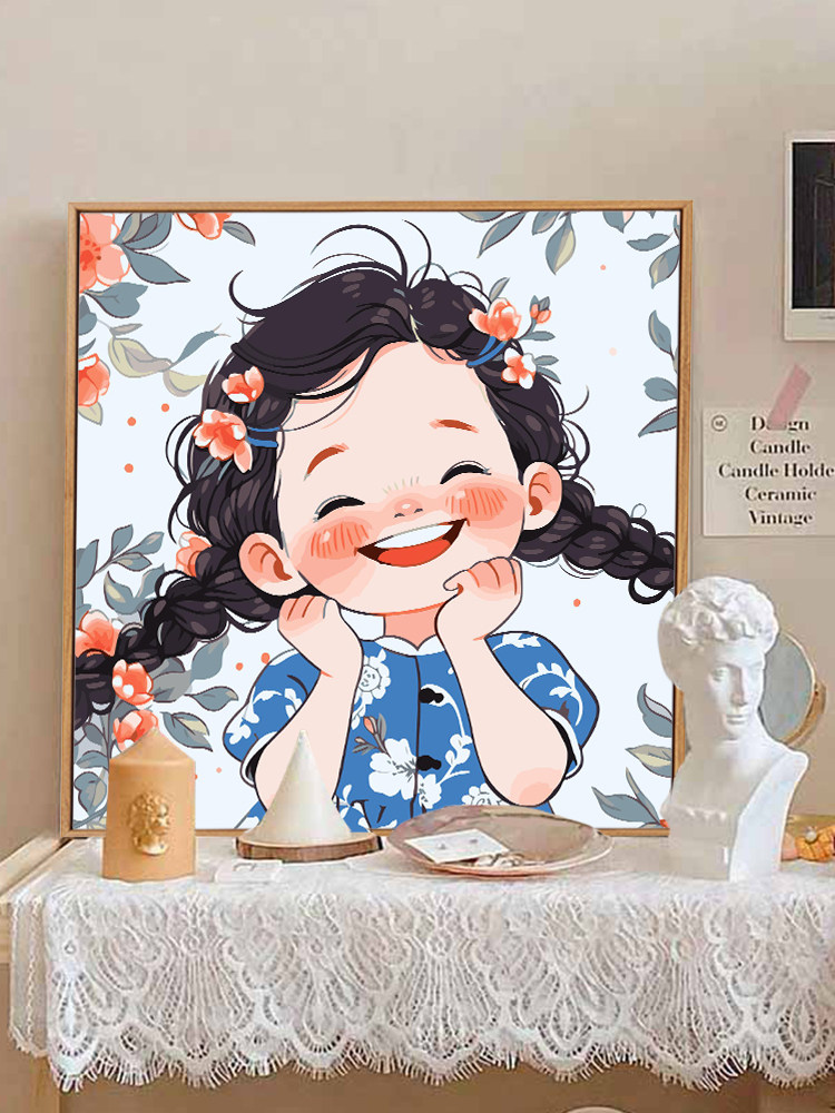 爱笑的女孩治愈系卡通装饰画卧室床头挂画可爱风沙发餐厅墙壁画