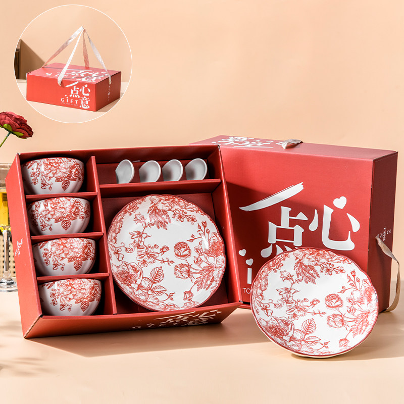 礼品碗勺玫瑰花碗套装批 米饭碗家用陶瓷套碗餐具回礼碗盘礼盒装