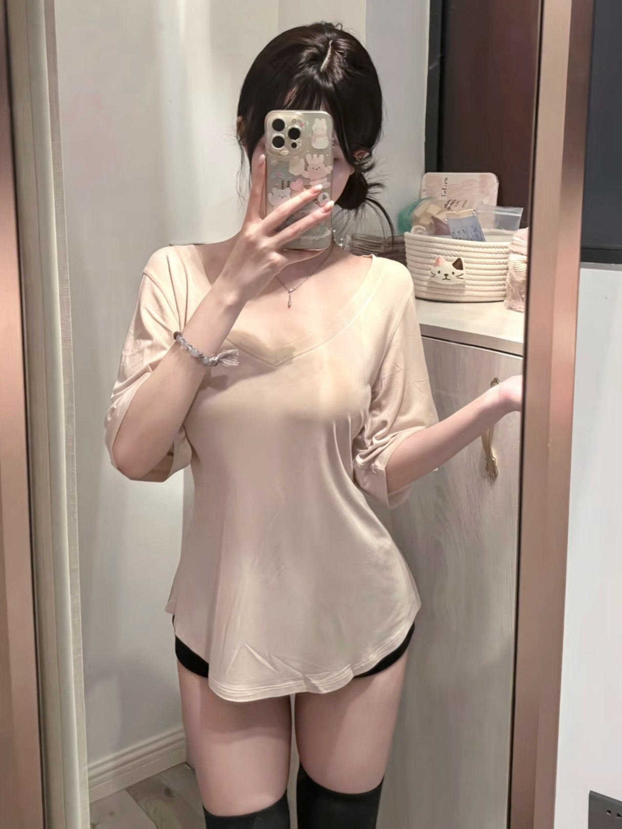 纯欲v领莫代尔短袖t恤女夏季慵懒宽松显瘦喇叭袖百搭中长款上衣女