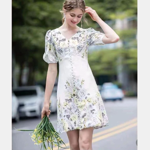 复古宫廷风小清新碎花连衣裙法式优雅印花气质V领灯笼袖名媛短裙
