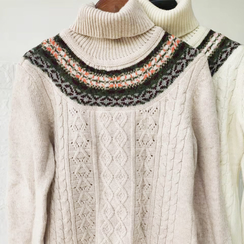 针织高领毛衣美国小众小熊羊毛混纺复古麻花编织针织秋冬打底上衣