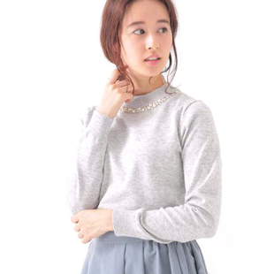 欧美春秋套头黑白条纹毛衣女短款珍珠镶钻针织衫宽松薄款长袖打底