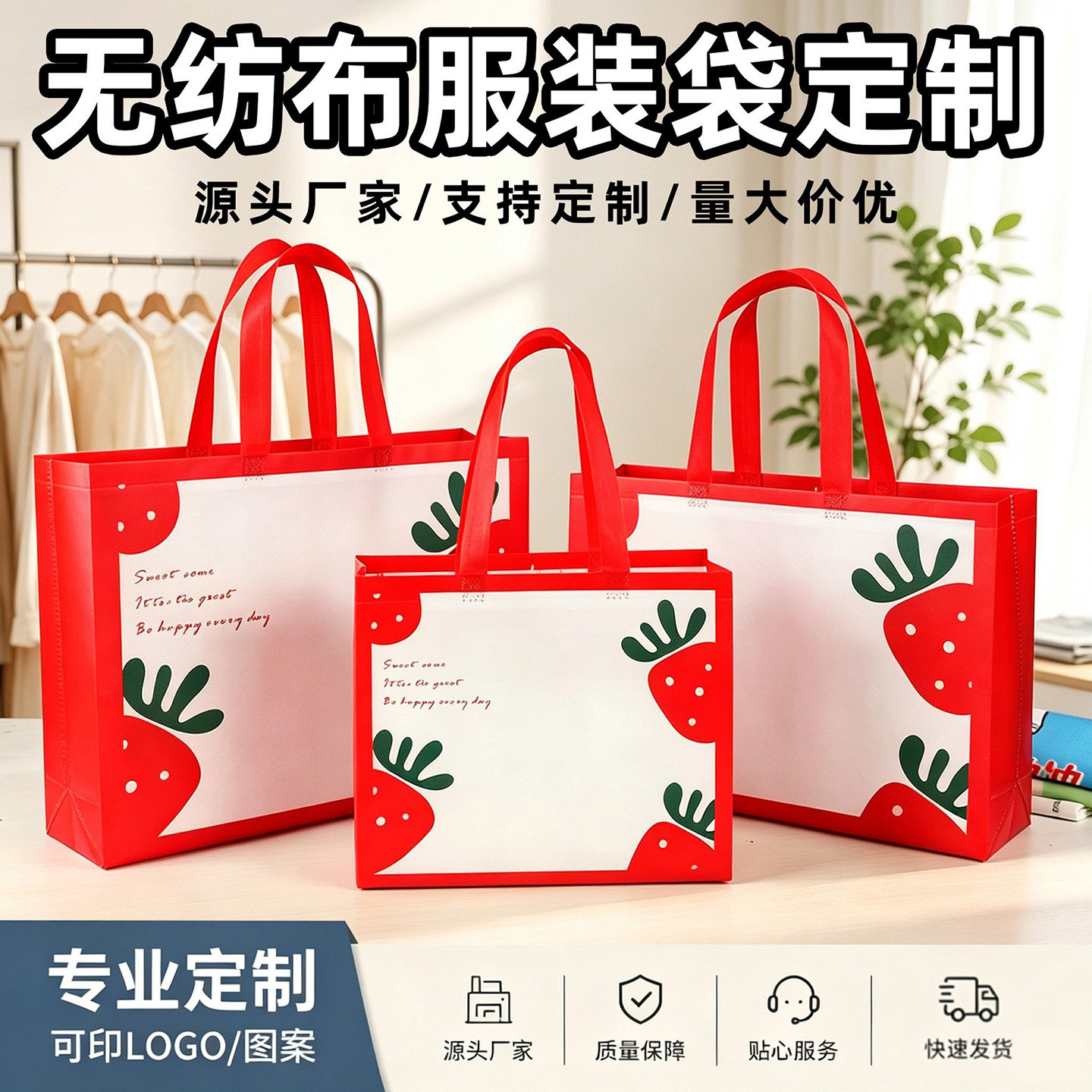 红色草莓可爱童装环保袋服装手店提袋子衣服购物袋无纺布礼品袋