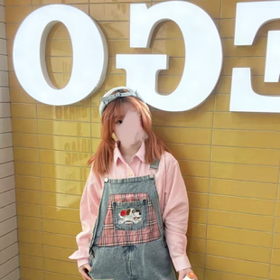 童趣古着卡通小狗刺绣贴布牛仔背带裤女夏季新款宽松减龄阔腿中裤