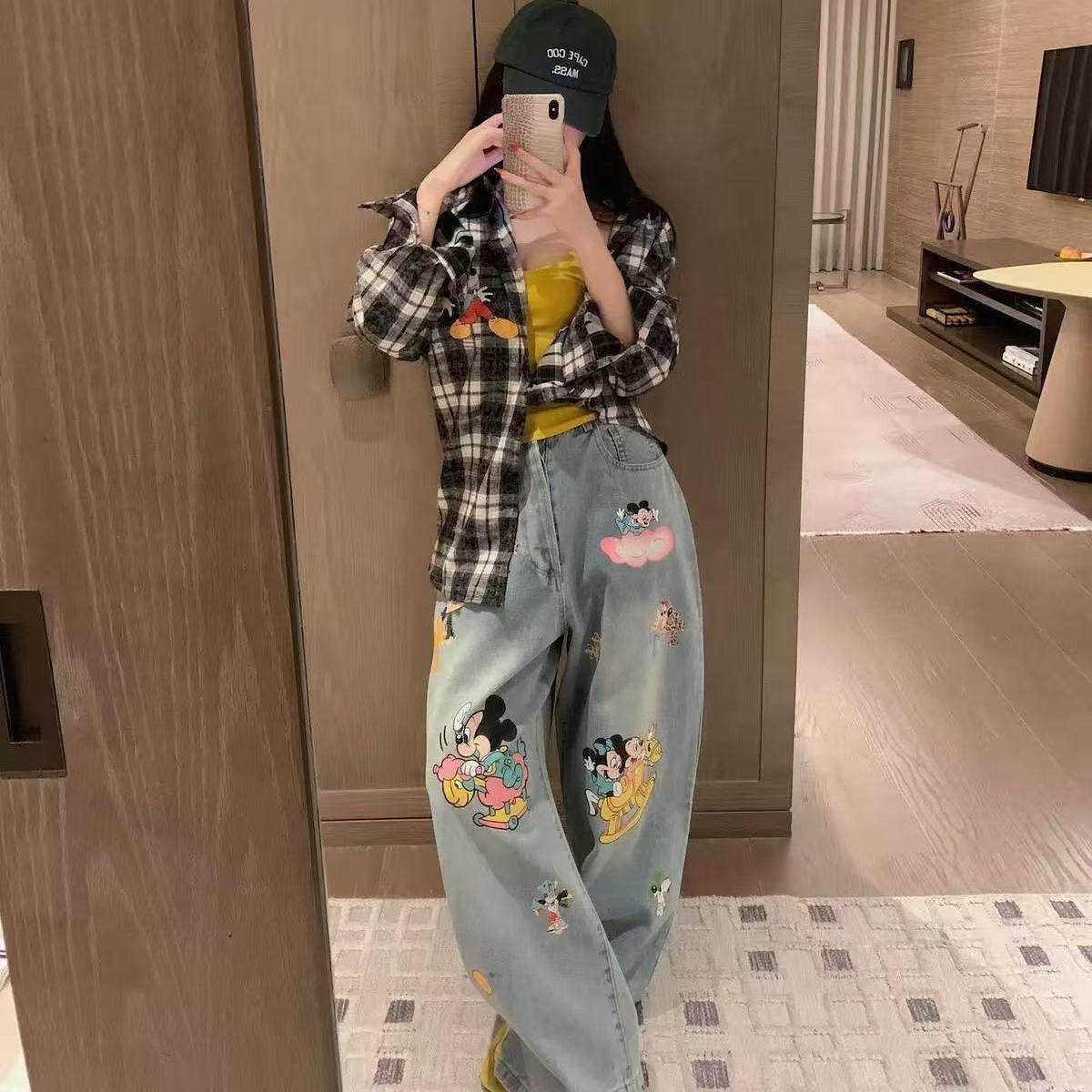 美式小众设计感趣味卡通米奇印花牛仔裤女2025新款宽松阔腿长裤子