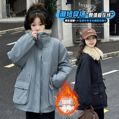 女童派克服冬季加绒加厚2025新款儿童冬装收腰夹棉女大童棉服外套