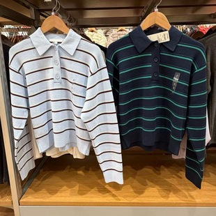 女装柔滑棉质休闲风POLO领条纹针织衫长袖毛衣毛衫484503/482971