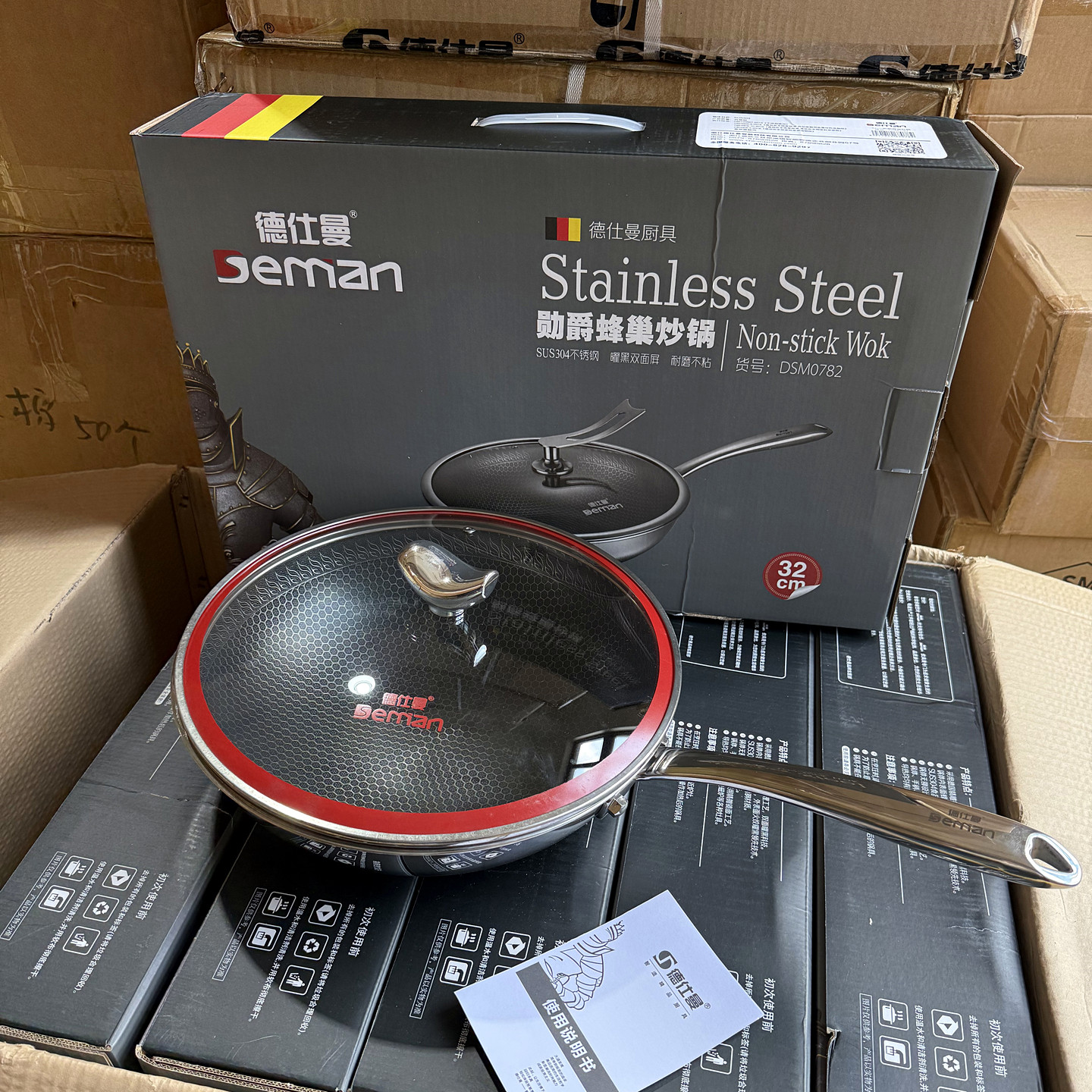 蜂窝纹理！304不锈钢！加厚耐用家用燃气灶炒锅不粘炒菜锅具32cm
