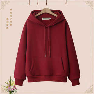 上衣 纯色双层连帽卫衣女学生宽松简约时尚 春秋薄款 加绒加厚冬季