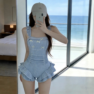 新款 学生 纯欲辣妹小清新蓝色格子连体泳衣女保守遮肚显瘦温泉泳装