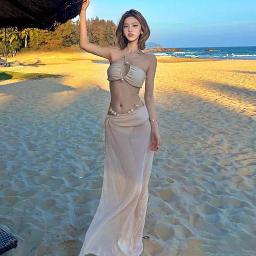 特价女欧美性感高级感纯欲风杏色珍珠挂脖遮肉海边度假比基尼