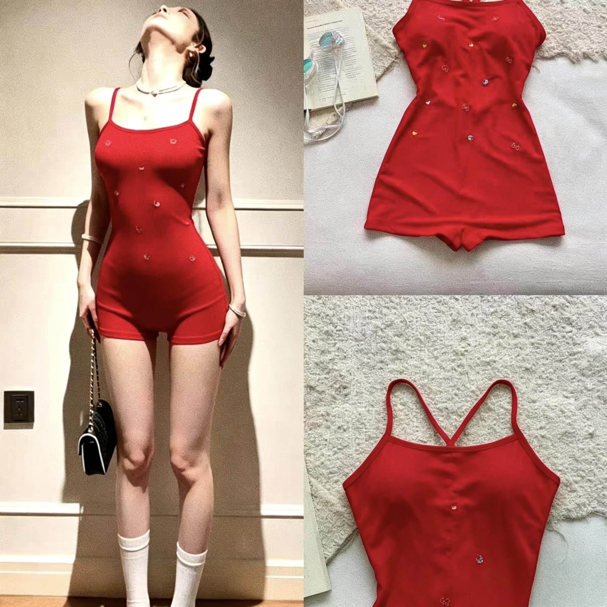 【怦然心动】辣妹风红色连体泳衣女夏季性感吊带修身竞速泳装女
