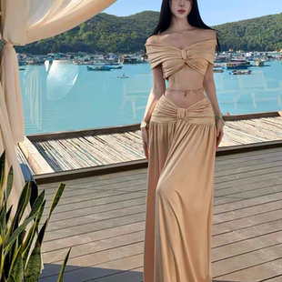 泰式海岛度假风泳衣女海边旅游性感辣妹一字肩抹胸半身长裙三件套