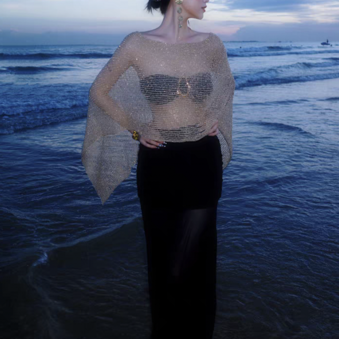 特价泳装鎏金岁月金色针织罩衫镂空上衣披肩多穿比基尼长裙四件套