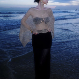 镂空上衣披肩多穿比基尼长裙四件套 鎏金岁月金色针织罩衫 特价 泳装