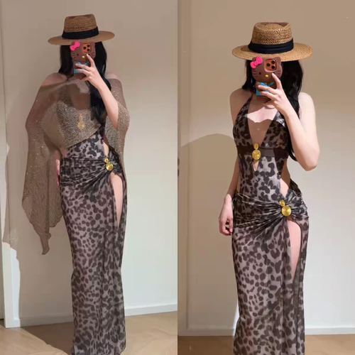 特价豹纹高开叉连体裙式游泳衣女性感辣妹比基尼显瘦遮肉温泉度假