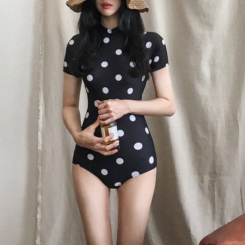 韩国复古清新波点短袖保守遮肚显瘦三角连体温泉游泳衣女度假温泉