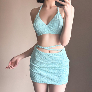 小清新純色比基尼ins風(fēng)小胸顯白海邊度假泳衣女夏三件套 2024新款