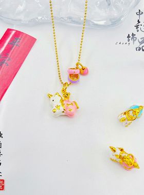 金店同款高保色古法沙金珐琅彩粉色独角兽吊坠简约百搭独角兽挂