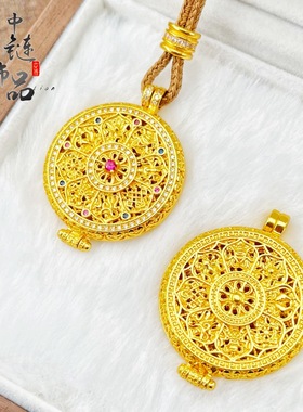 金店同款古法沙金镂空花丝镶钻八宝罗盘吊坠 可打开罗盘挂坠批发