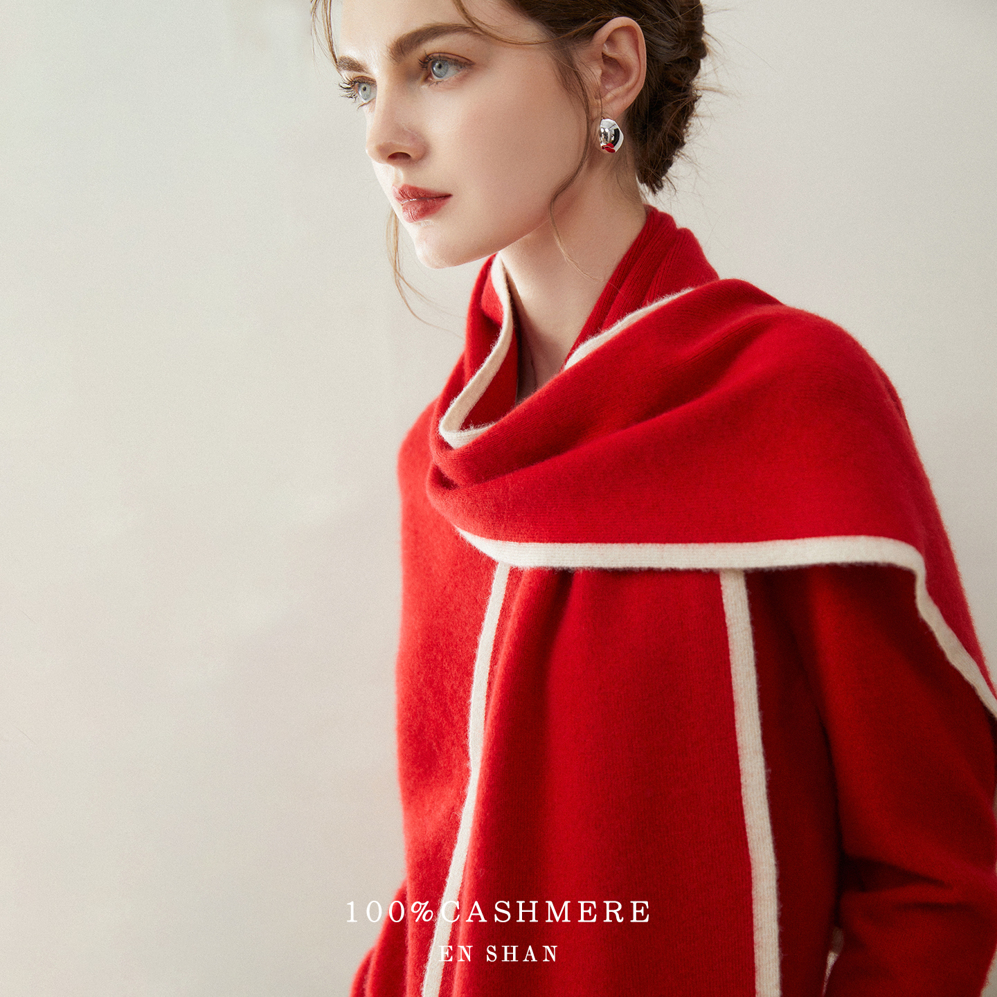 100%山羊绒轻奢红色围巾圣诞礼物