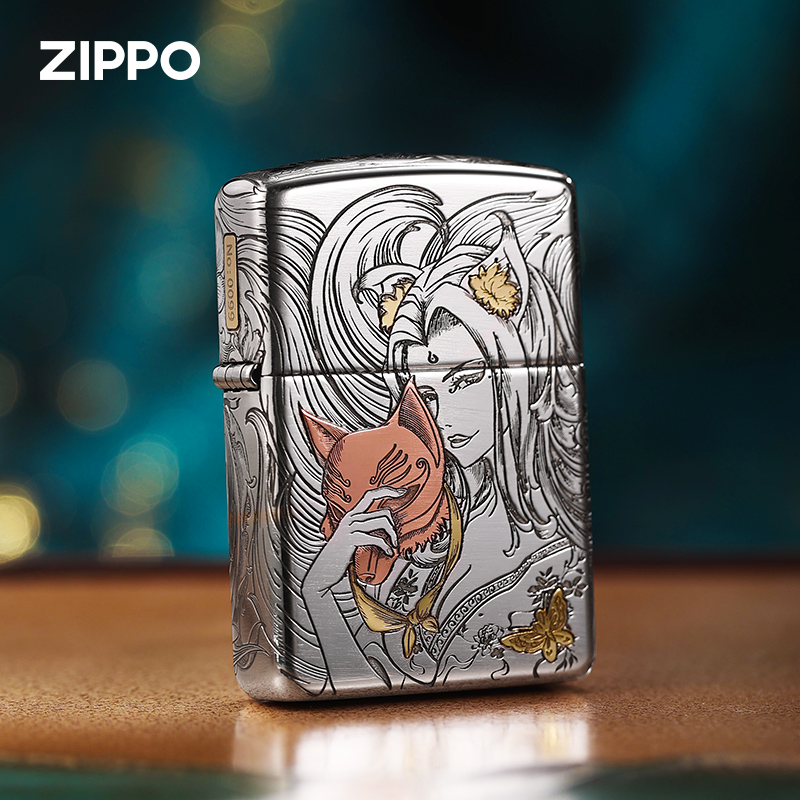 zippo打火机纯银狐姬镶嵌官方正品煤油专用收藏防风个性送男生