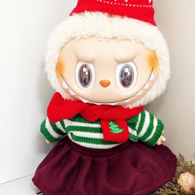 38cm拉布布公仔衣服条纹圣诞树毛衣套装labubu娃衣雪花帽新年着替