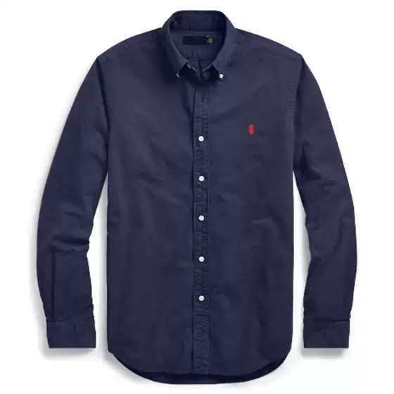 Spring and Autumn Men's Oxford Fabric Solid Color Simple Small Embroidered Logo Slim Long-Sleeved Shirt Business Casual Collared Shirt