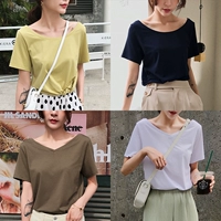 Áo thun siêu cec tay ngắn siêu cạp màu cotton cotton hè 2019 mới in họa tiết Hàn Quốc áo thun cổ chữ rộng - Áo phông áo phông trắng