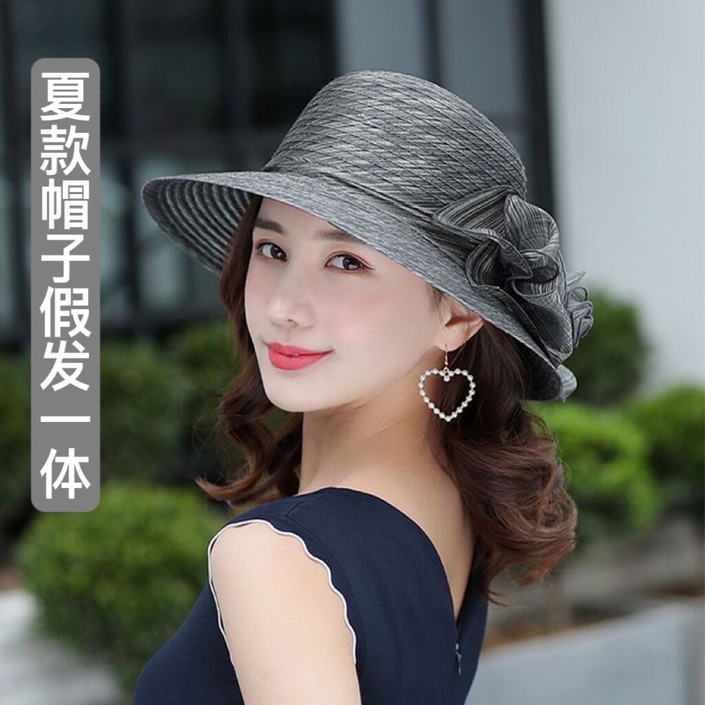 春夏新款帽子假发一体短卷发欧根纱薄款妈妈时尚遮阳防晒帽假发套图片