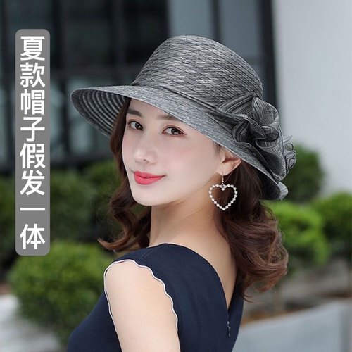 春夏新款帽子假发一体短卷发欧根纱薄款妈妈时尚遮阳防晒帽假发套