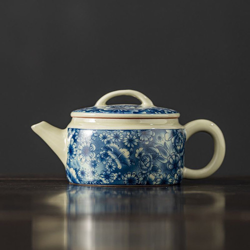 老陶泥茶壶青花壶家用陶瓷汉瓦壶古汝中式泡茶具可养办公简约茶杯