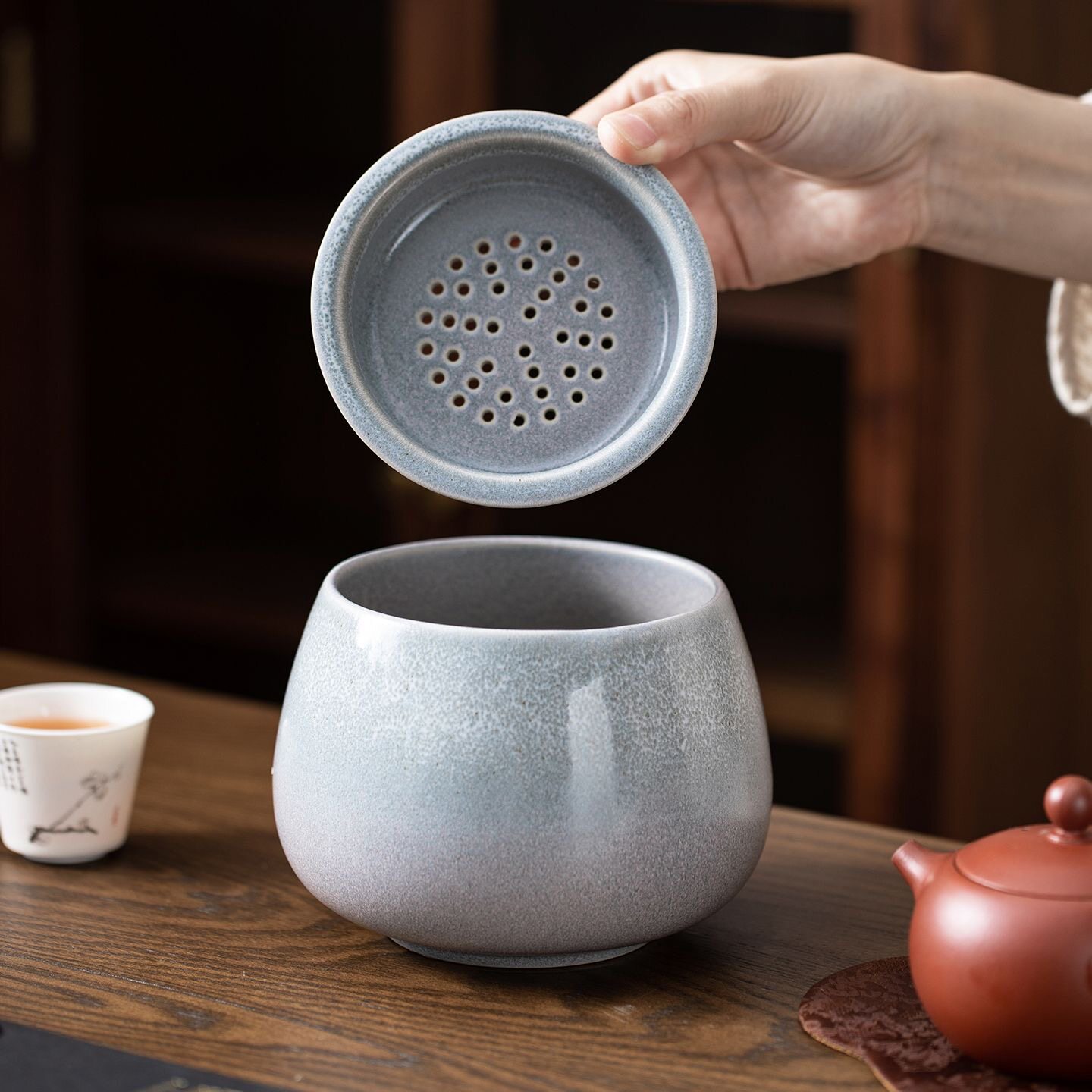 窑变茶渣缸陶瓷茶洗建水孟过滤带盖废水缸大号桌面垃圾桶茶水分离图片